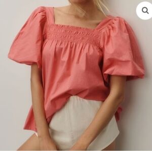 Maeve By Anthropologie Smock Top In Pink/Coral Color With Ballon Sleeves